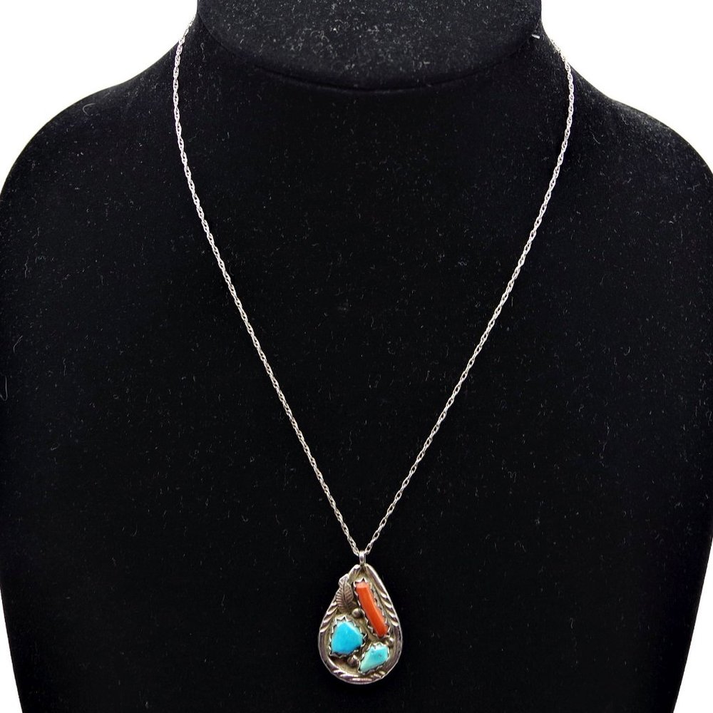 F Cheama Vintage Zuni Sterling Silver Pendant Necklace Turquoise and Coral - Picture 3 of 7